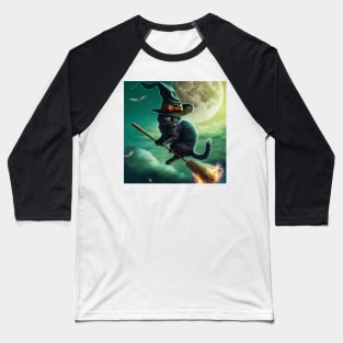 Magical Cat Flying on Her Broomstick Baseball T-Shirt